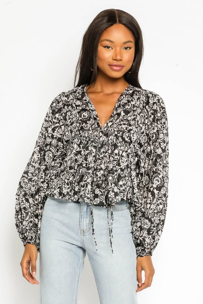 Black Floral Tie Blouse