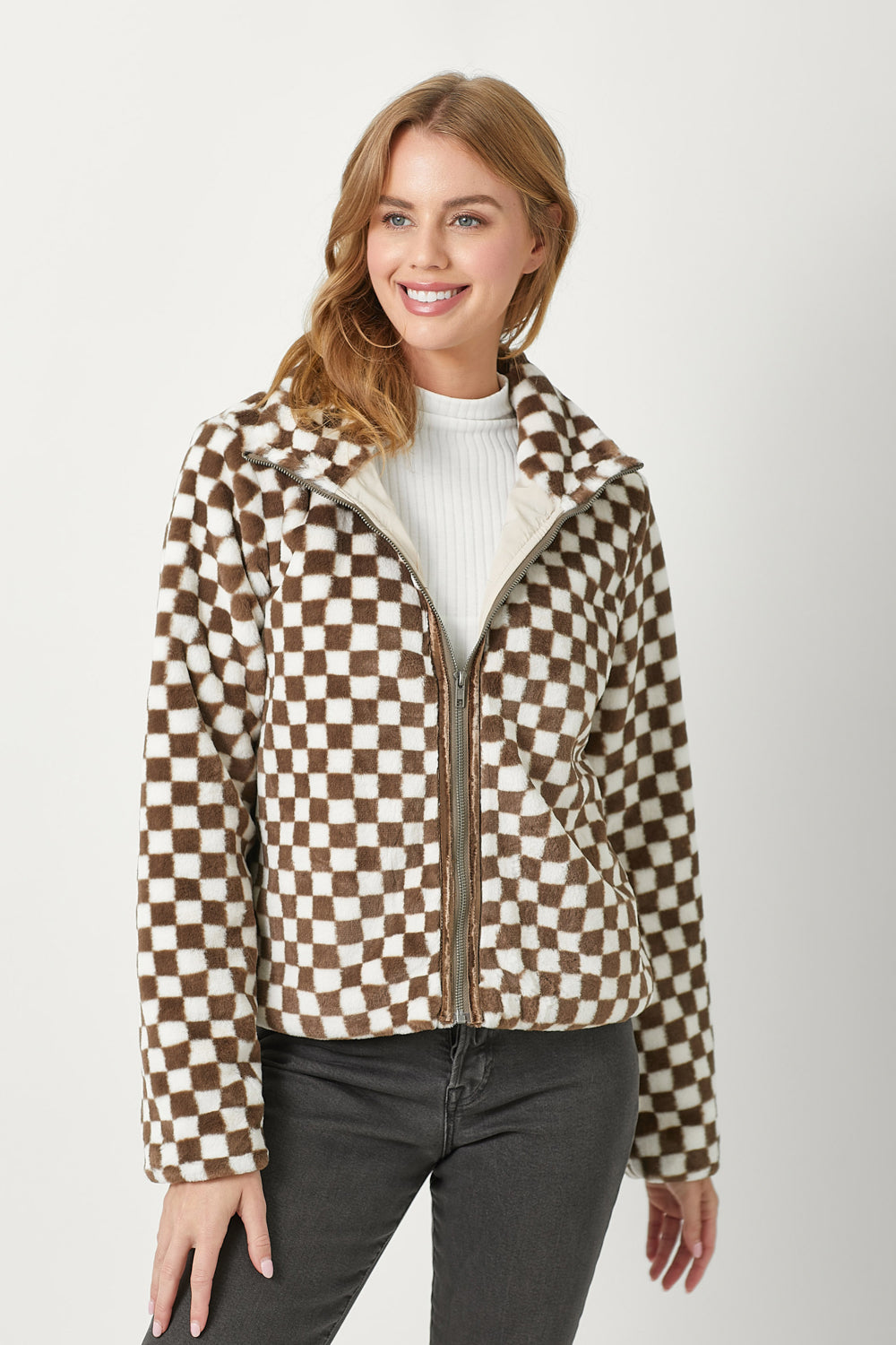 Checker Board Faux Fur Jacket