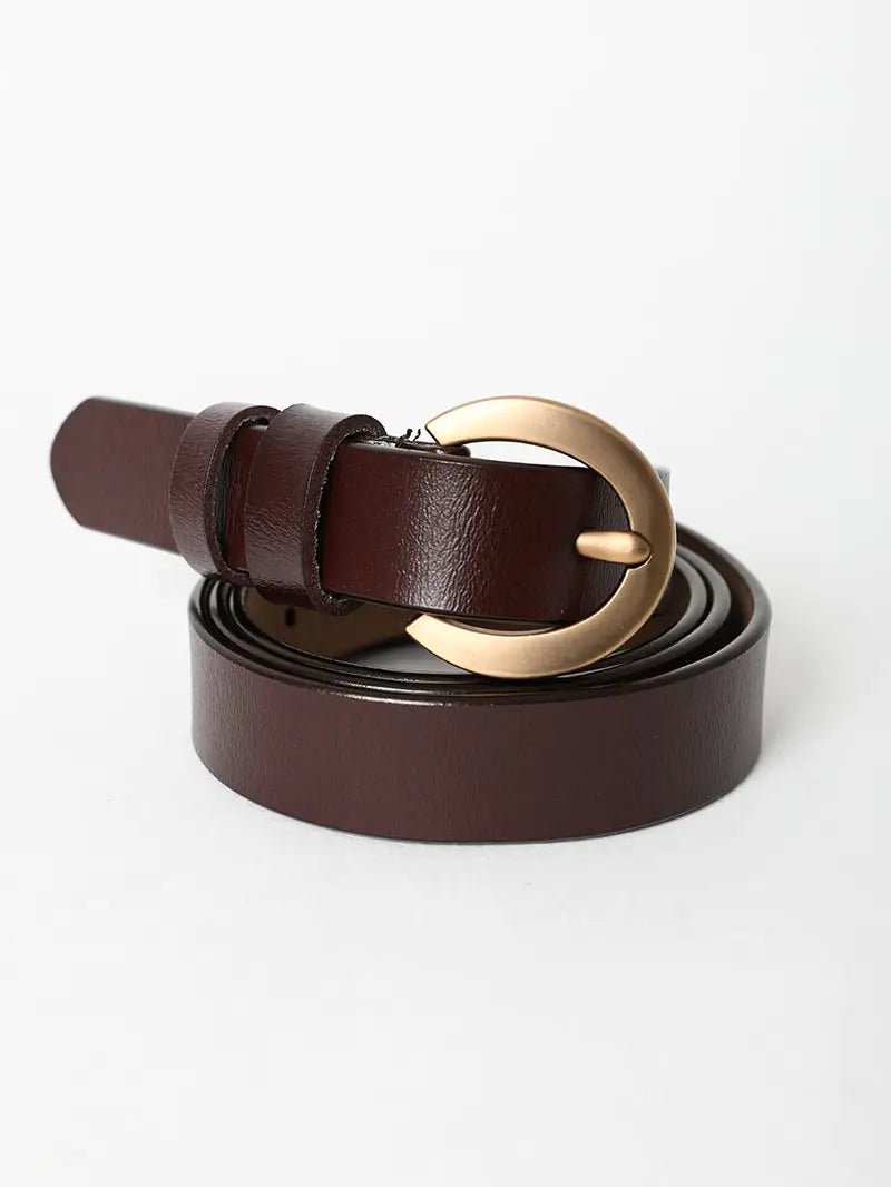 Gold Curved Buckle Waist Leather Belt (Brown)