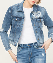 Load image into Gallery viewer, Distressed Patched Jean Jacket
